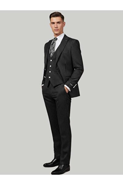 HERMOSE Modern Fit Black Striped Men's Suit - 3 Piece Set with Vest