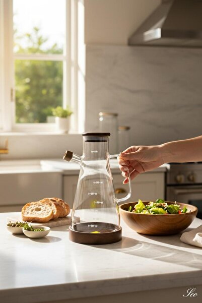 ANJEAHOME Livorno Single 900 ml Glass Oil Bottle - with Acacia Lid and Stand, Can Be Used as Oil Bottle, Oil Pot, and Sauce Bowl