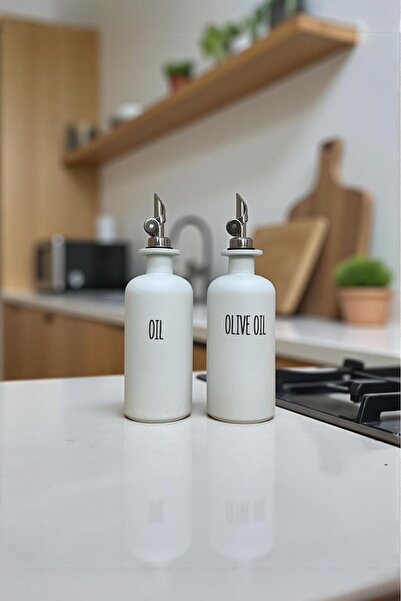 ANJEAHOME Farms 2-Piece 500 ml White Glass Leakproof Oil Pot & Sauce Bowl - Kitchen Organizer (with Funnel and Labels)