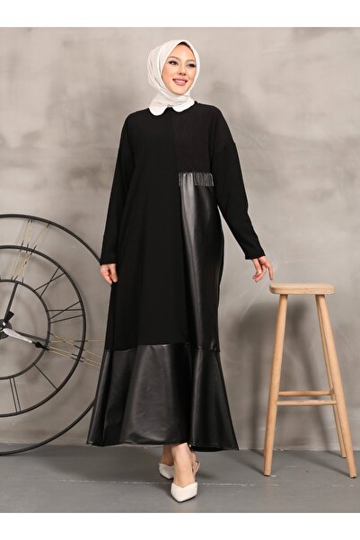 VAV KREP DERİLİ ELBİSE - Siyah - Vav