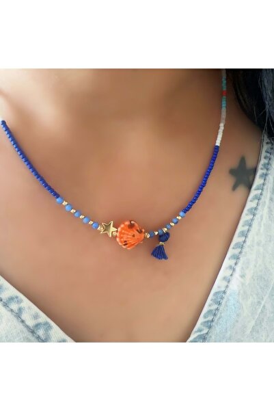 ACAR TAKI Blue Tassel, Middle Bead Necklace 40+3Cm-Gold Color Acr6071