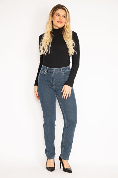 Şans Dámské džínové kalhoty Plus Size Navy Blue s 5 kapsami 65n35152