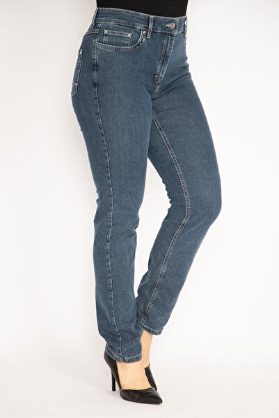 Şans Dámské džínové kalhoty Plus Size Navy Blue s 5 kapsami 65n35152