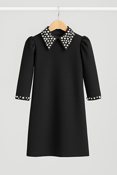 Hilal Akıncı Kids Fakir Girl's Dress with Stone Decor on the Collar and Sleeves
