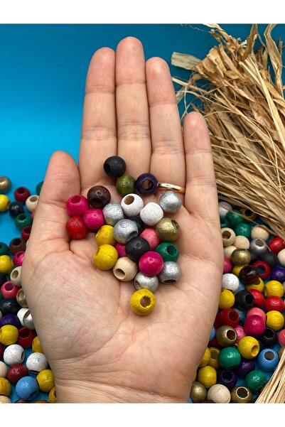 Fiolimore 10 mm Karışık Renk Ahşap Boncuk (50 Gram 155 Adet) Delik Çapı 5 mm Yuvarlak Geniş Delik Renkli Tahta