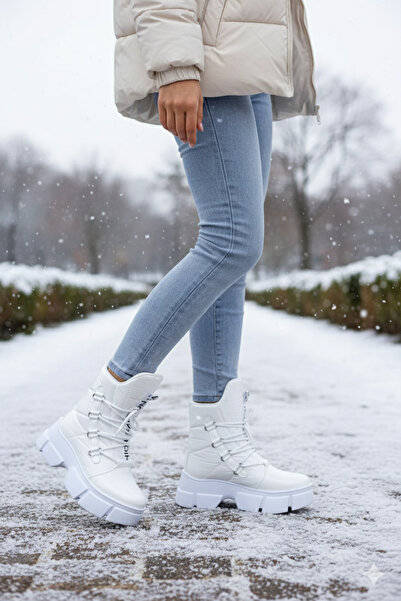 RİVOLİ Premium Bağcıklı Yüksek Tabanlı Kadın Kar Botu Beyaz