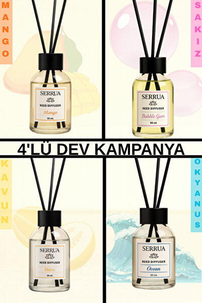 Serrua 4'lü Çubuklu Oda Kokusu Seti - 4'lü Dev (KAVUN-MANGO-SAKIZ-OKYANUS) Re...