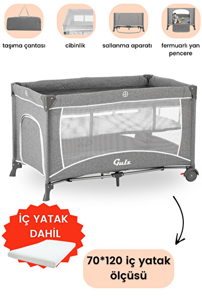 Gulz Raftel Oyun Parkı Bebek Beşik 70x120 Cm Yataklı Light Grey