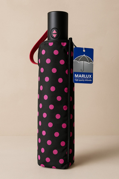 esdekor Pembe Puantiyeli Siyah Kadın Şemsiye Şık Tam Otomatik 1 Adet 8 Tel