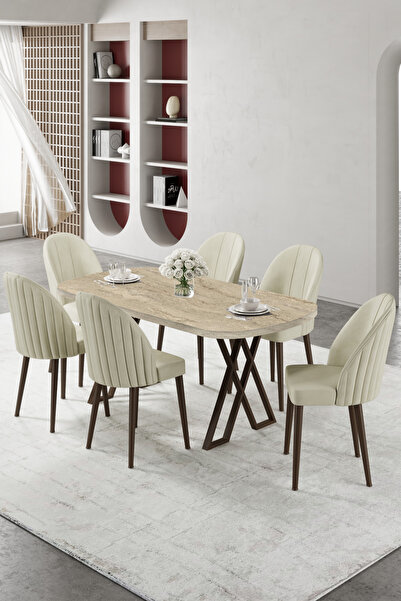 Canisa Kaye Serisi Mdf 90x168 Traverten Mutfak Masası Takımı 6 Krem Sandalye