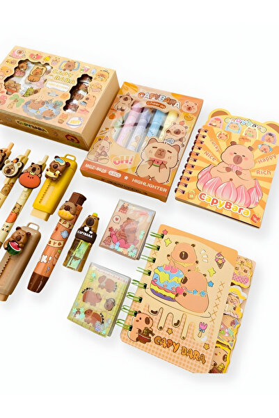 ÖZ OFİS Capybara Kapibara 20 Parça Kırtasiye Seti Sticker Kalemtraş Silgi Etiket Uçlu Kalem Postit