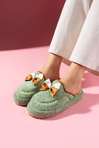 FUGA MODA Curry Mint Green Bow Detailed Silent Sole House Slippers