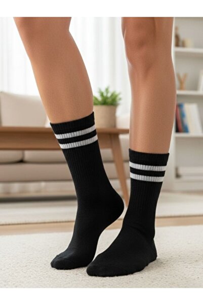 AKSU ÇORAP جوارب رياضية للتنس باللون الأسود مع شريط مزدوج أبيض