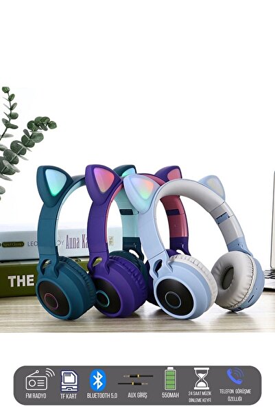 Butfulake Kablosuz Bluetooth 5.0 Led Işıklı Kedili Şık Kulaklık Mikrofonlu Katlanabilir Petrol Mavisi Kedi