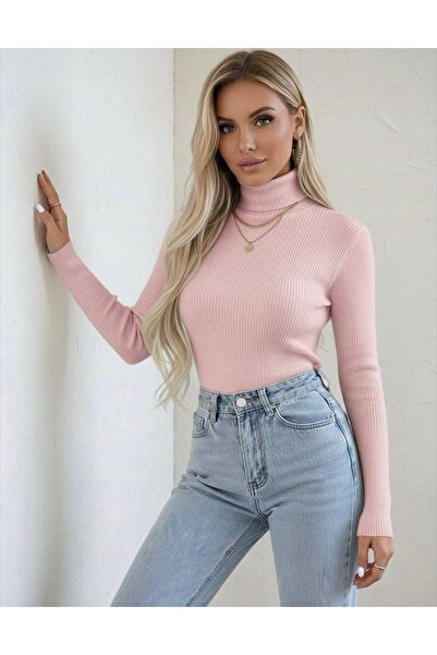 hashtag Body cu mânecă lungă pentru femei, pulover roz - țesătură elastică, croială strânsă, top elegant pentru zi cu zi