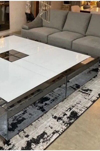LUXURY VİLLA Luxury Füme Aynalı Beyaz Camlı Tekerlekli Orta Sehpa 150x150 Yükseklik 32cm