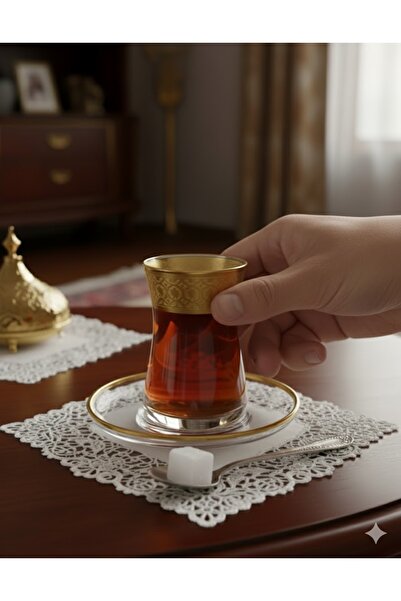 DECOSTYLE lale Paşabahçe gold cam Tabaklı 12 Parça  Çay seti
