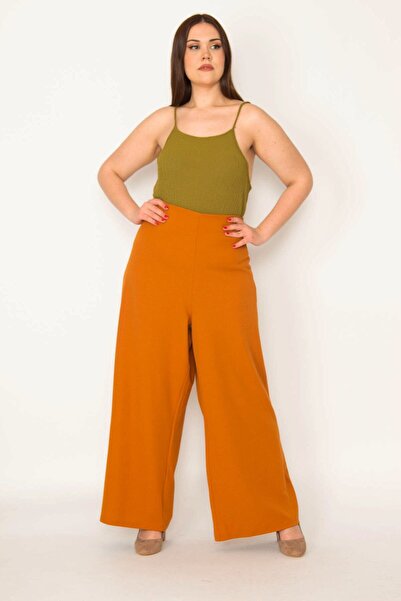 Şans Kadın Büyük Beden Taba Arka Kemer Lastikli Geniş Paçalı Krep Kumaş Panto...