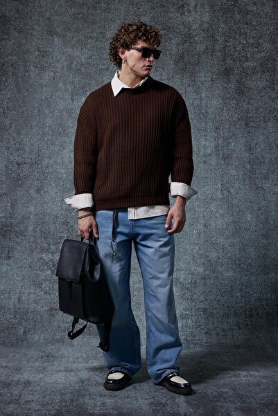 ablukaonline Ανδρικό πουλόβερ Oversize Σκούρο Καφέ