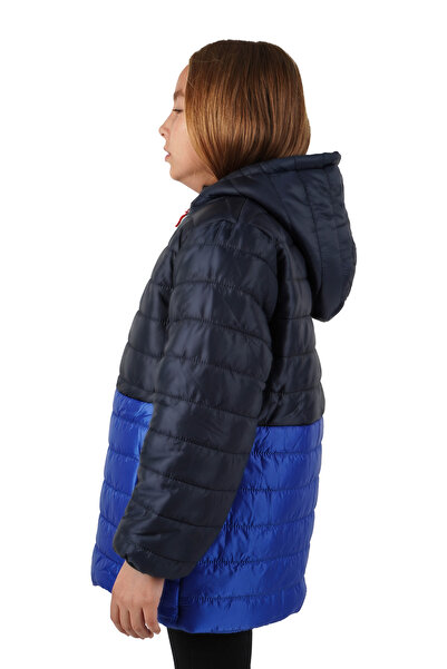 QAWWA Kız Çocuk Kapüşonlu Lacivert-Saks İçi Siyah Kürklü Kuş Elyaflı Hafif Su Ve Rüzgar Geçirmez Mont