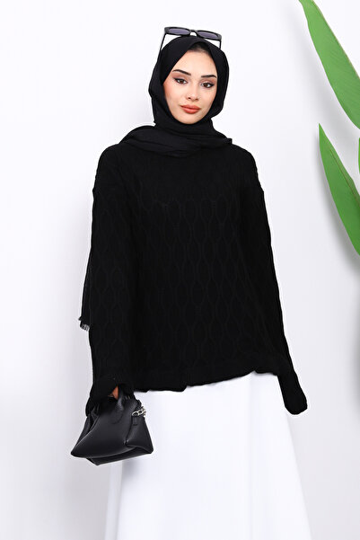 İmajButik Black Waist and Sleeve Cuff Ruffled Knit Sweater