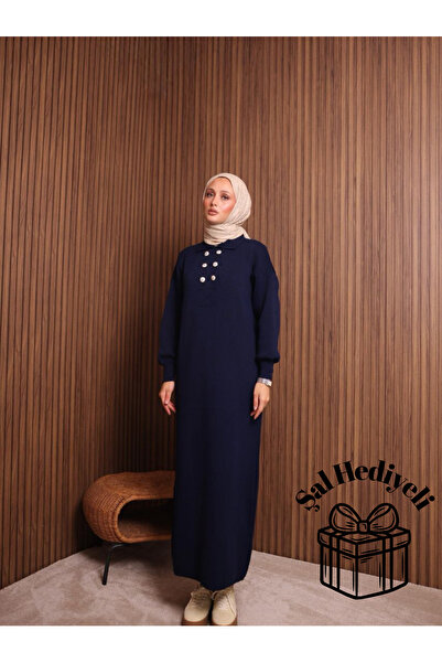 Mira İpek Buttoned Polo Neck Knitwear Dress Women's Hijab Shawl Gift