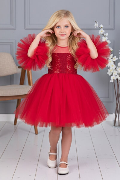 ABİYEKİDS Kol Detaylı Ponponlu Tokalı Kırmızı Renk Çocuk Abiye Aby458