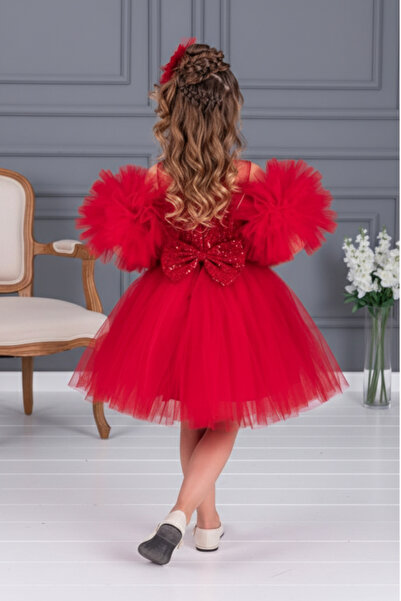 ABİYEKİDS Kol Detaylı Ponponlu Tokalı Kırmızı Renk Çocuk Abiye Aby458