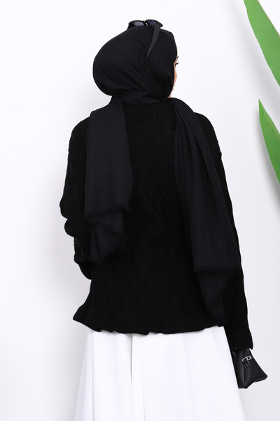 İmajButik Black Waist and Sleeve Cuff Ruffled Knit Sweater