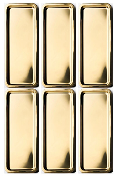 Kitchen Design Lab Paslanmaz Çelik Gold Renk Dikdörtgen Dar Metal Düz Sunum Tepsisi Çay Kahve Tatlı Sunum 6 Adet