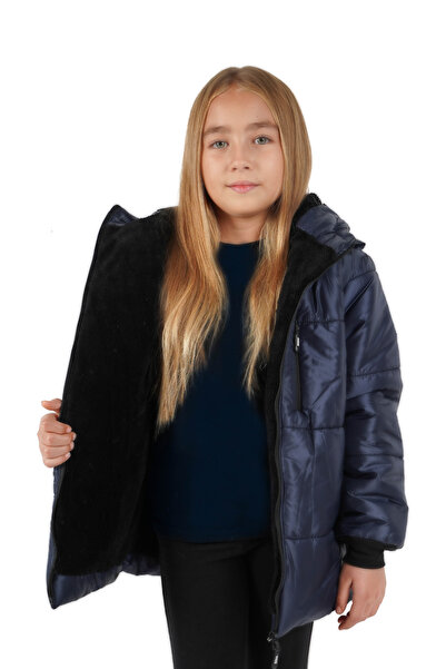 QAWWA Kız Çocuk Lacivert Elyaflı Kapüşonlu Rüzgar Geçirmez Şişme Kışlık Mont