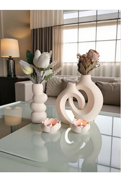 The Motellas Set de suporturi pentru lumânări pentru vază cu design crem decorativ – dimensiune mare | Decor pentru salon, birou, casă