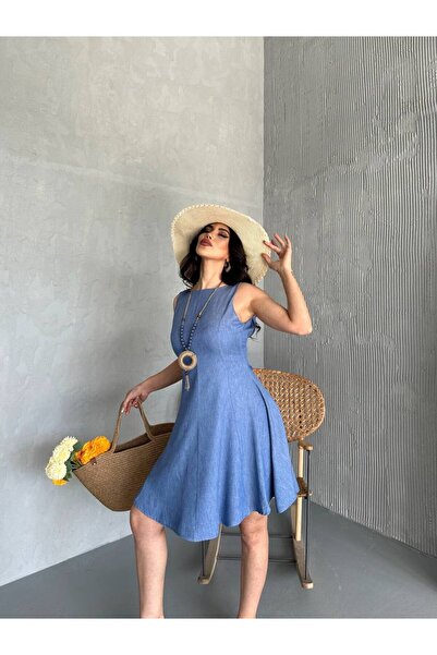 HEDEF DAİSY Kadın Denim Görünümlü Kolsuz Midi Boy Yazlık Günlük Elbise