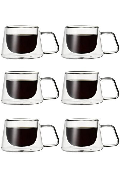Kitchen Design Lab Yeni Tasarım Neskafe Espresso Fincanı, Çift Cidarlı Kulplu Cam Fincan 6 Adet 1836