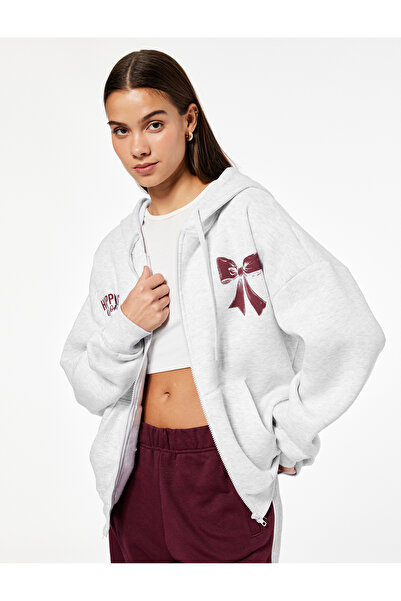 Koton Φούτερ με φερμουάρ, λεπτομέρεια τσέπης καγκουρό, στάμπα με φιόγκο στο πίσω μέρος, υπερμεγέθη φούτερ