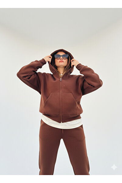 Keep Risen طقم رياضي نسائي من 3 قطع مع بطانة فرو وقصة فضفاضة وقلنسوة وسحاب