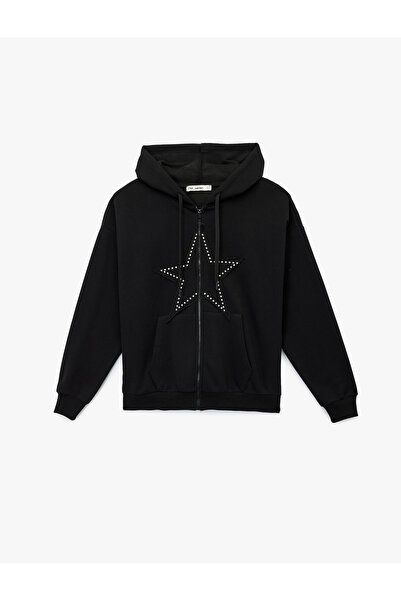 Koton Oversized Stone Sweatshirt with Pockets, Hooded, Zippered, Faux Suede Detail