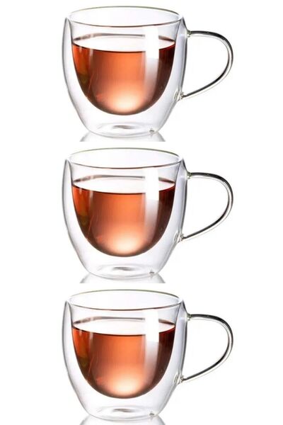 Kitchen Design Lab Neskafe Çay Fincanı Çift Cidarlı Cam Kupa 250 ml Kulplu Cam Bardak 3 Adet 2037