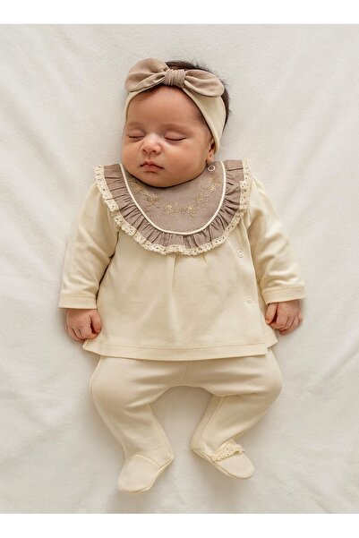 GizaKids 100% Cotton Newborn 3-Piece Set with Headband / Baby Girl Hospital Release / Mevlid Outfit