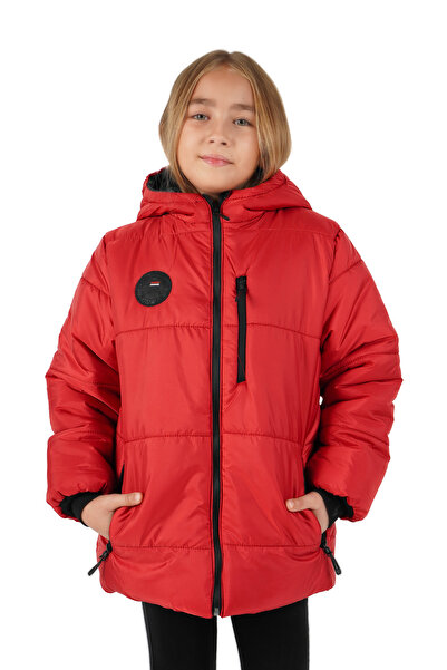 QAWWA Kız Çocuk Kırmızı Elyaflı Kapüşonlu Rüzgar Geçirmez Şişme Kışlık Mont