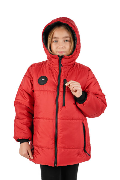 QAWWA Kız Çocuk Kırmızı Elyaflı Kapüşonlu Rüzgar Geçirmez Şişme Kışlık Mont