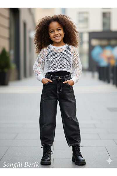 SONGÜLBERİK Kız Çocuk File Üst Crop Uzun Kol