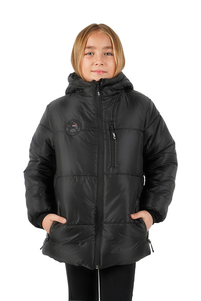 QAWWA Čierna dievčenská nafukovacia zimná bunda s kapucňou a kapucňou z čierneho vlákna