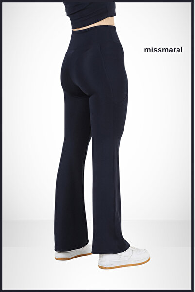 missmaral Kadın Ispanyol Paça Tayt Lacivert Çift Cepli Yüksek Bel Toparlayıcı Dark Blue Bootcut 105303