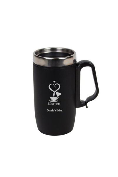 Kalemedair Kişiye Özel Kulplu Çelik Termos Bardak Mat Siyah 240 ml - Coffee