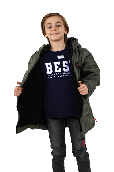 QAWWA Erkek Çocuk Su Ve Rüzgar Geçirmez Içi Kalın Polarlı Haki Kapüşonlu Mont