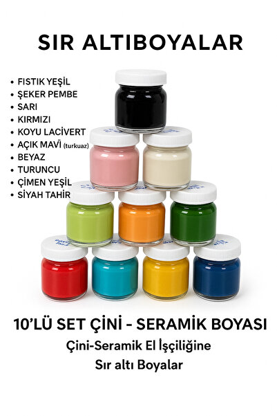 MYSTERY 10 Renk Sır Altı Çini Seramik Boyaları 10 Renk 40cc. 900-1100 Derece