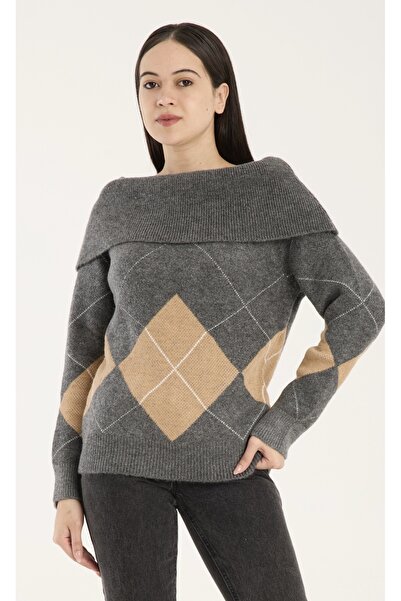 İLKCET MODA Γυναικείο πλεκτό πουλόβερ με μοτίβο μπακλαβά με λαιμόκοψη Madonna