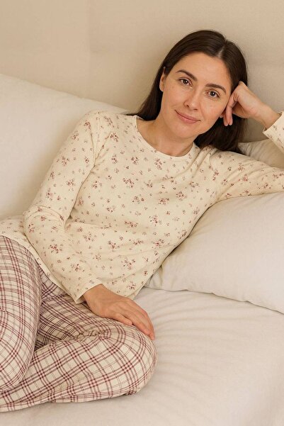 İNSPİRA Ekoseli Çiçek Desenli Uzun Kol Kadın Pijama Takımı 2 İplik Kışlık Kumaş
