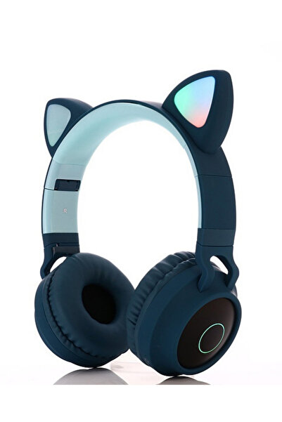 Butfulake Kablosuz Bluetooth 5.0 Led Işıklı Kedili Şık Kulaklık Mikrofonlu Katlanabilir Petrol Mavisi Kedi